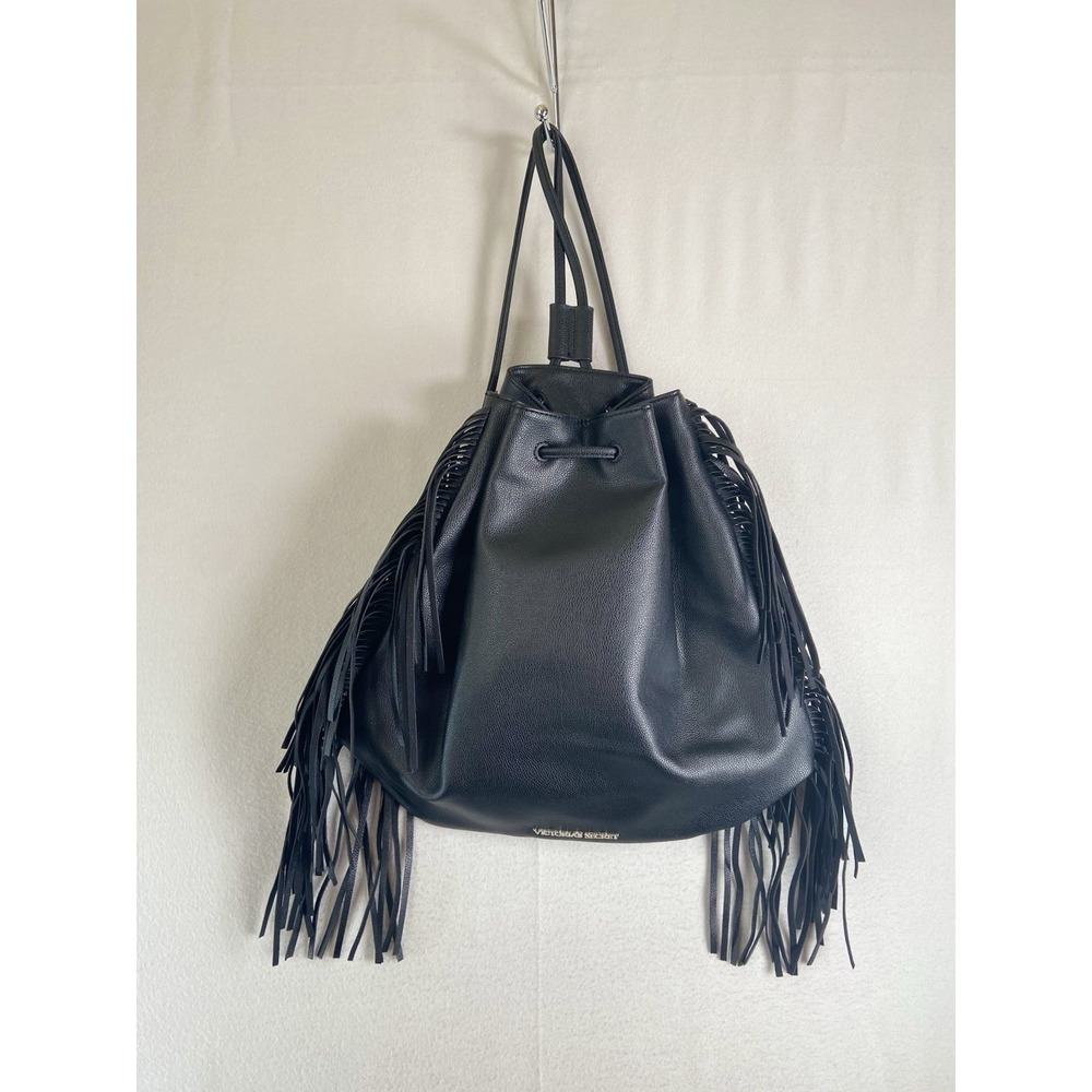 Victoria's Secret Black Fringe Backpack Drawstring Boho Bucket Bag Womens - Picture 1 of 7